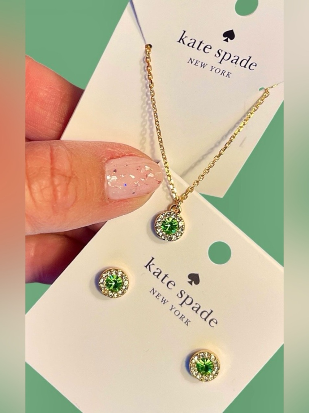 Kate Spade SET RP $98 Peridot “Your’re A Gem” Necklace & Earrings Green/cyrstals